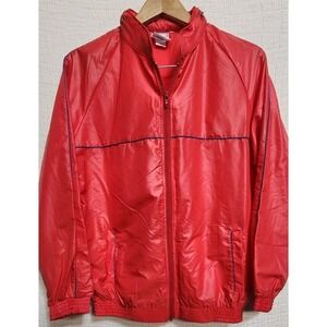 Vintage 80s Adidas Windbreaker Red Packable Hood Full Zip Jacket FLAWLESS Sz M‎